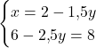 \[\begin{cases} x = 2 - 1{,}5y \\ 6 - 2{,}5y = 8  \end{cases}\]