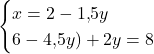 \[\begin{cases} x = 2 - 1{,}5y \\ 6 - 4{,}5y) + 2y = 8  \end{cases}\]